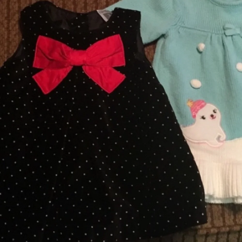 5/$25 Vintage Black Polka Dot Velvet Velour Red Bow Baby Holiday Party Dress